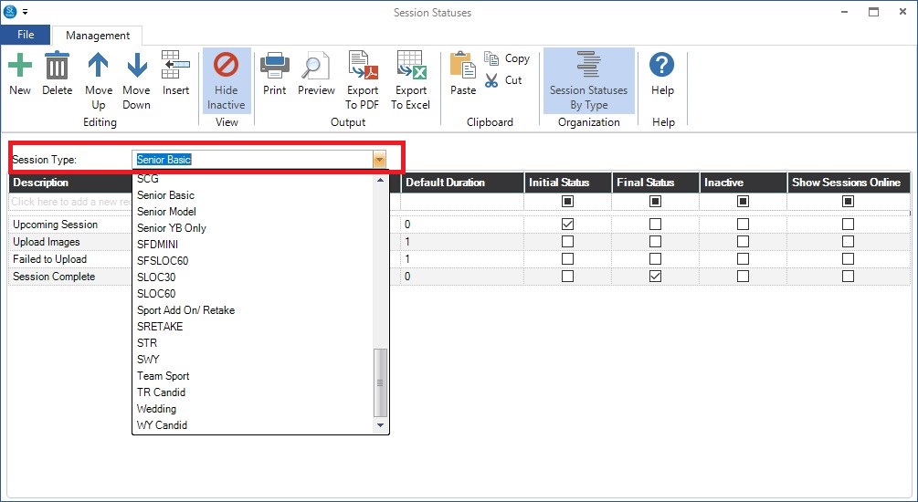 How do I setup the InspiredByYou Control Center if my Session Statuses are by Session Type? in Stratus - screenshot 1