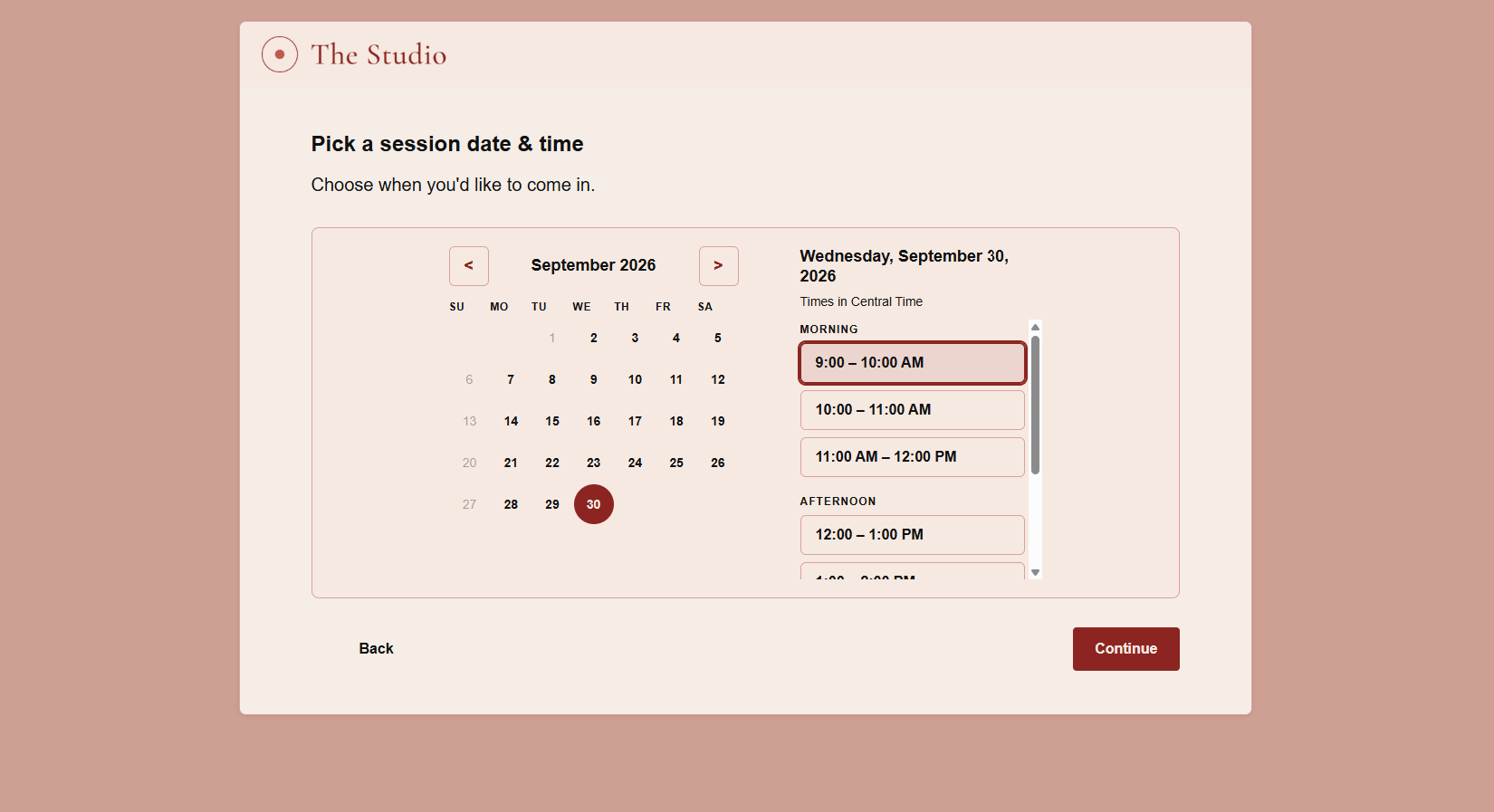 Stratus Online booking portal date and time selection page in a custom studio brand