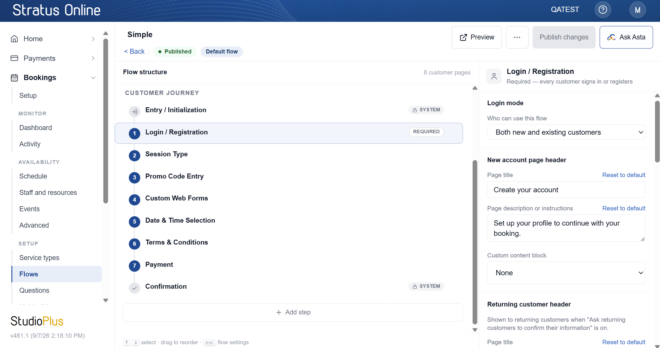 Stratus Online Booking Flow Editor showing a complete customer journey from entry to confirmation